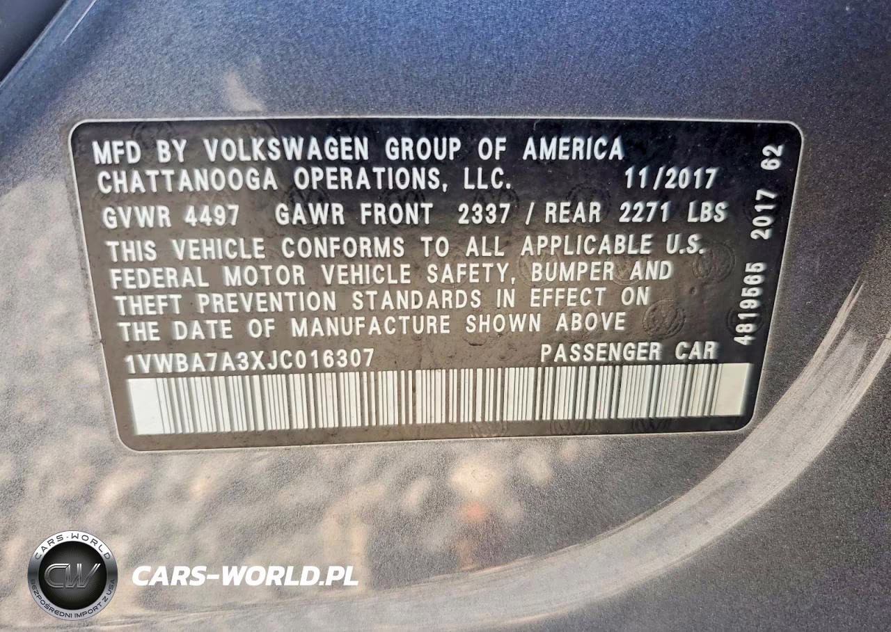 2018 Volkswagen Passat Se VIN:1VWBA7A3XJC016307 - 13