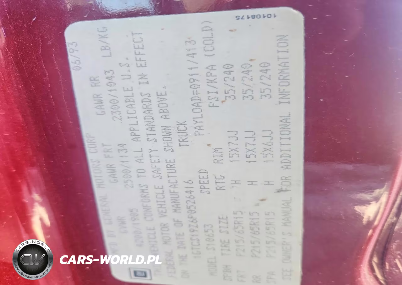 1993 GMC Sonoma VIN:1GTCS19Z6P0526416 - 12