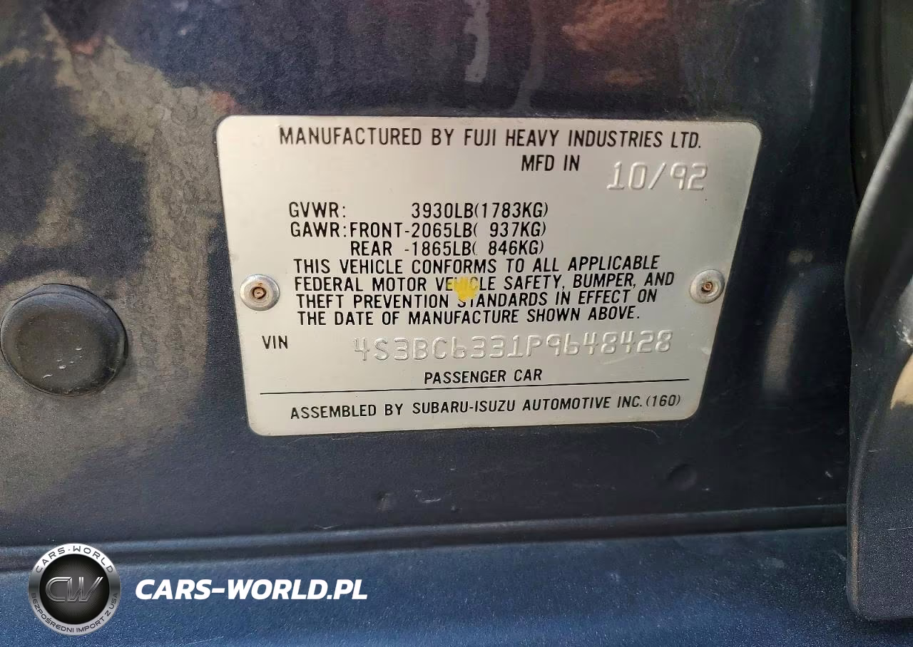1993 Subaru Legacy L VIN:4S3BC6331P9648428 - 12