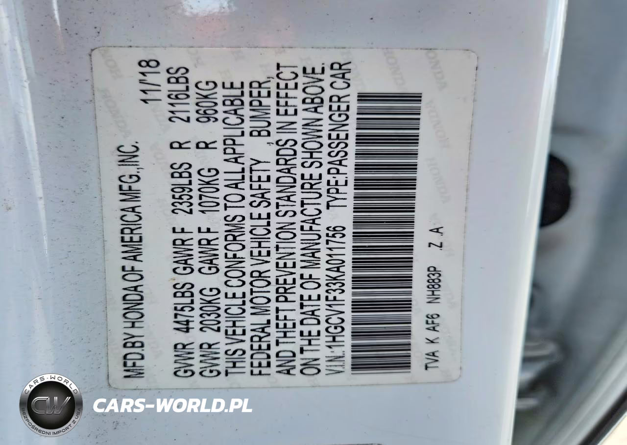 2019 Honda Accord Sport VIN:1HGCV1F33KA011756 - 13