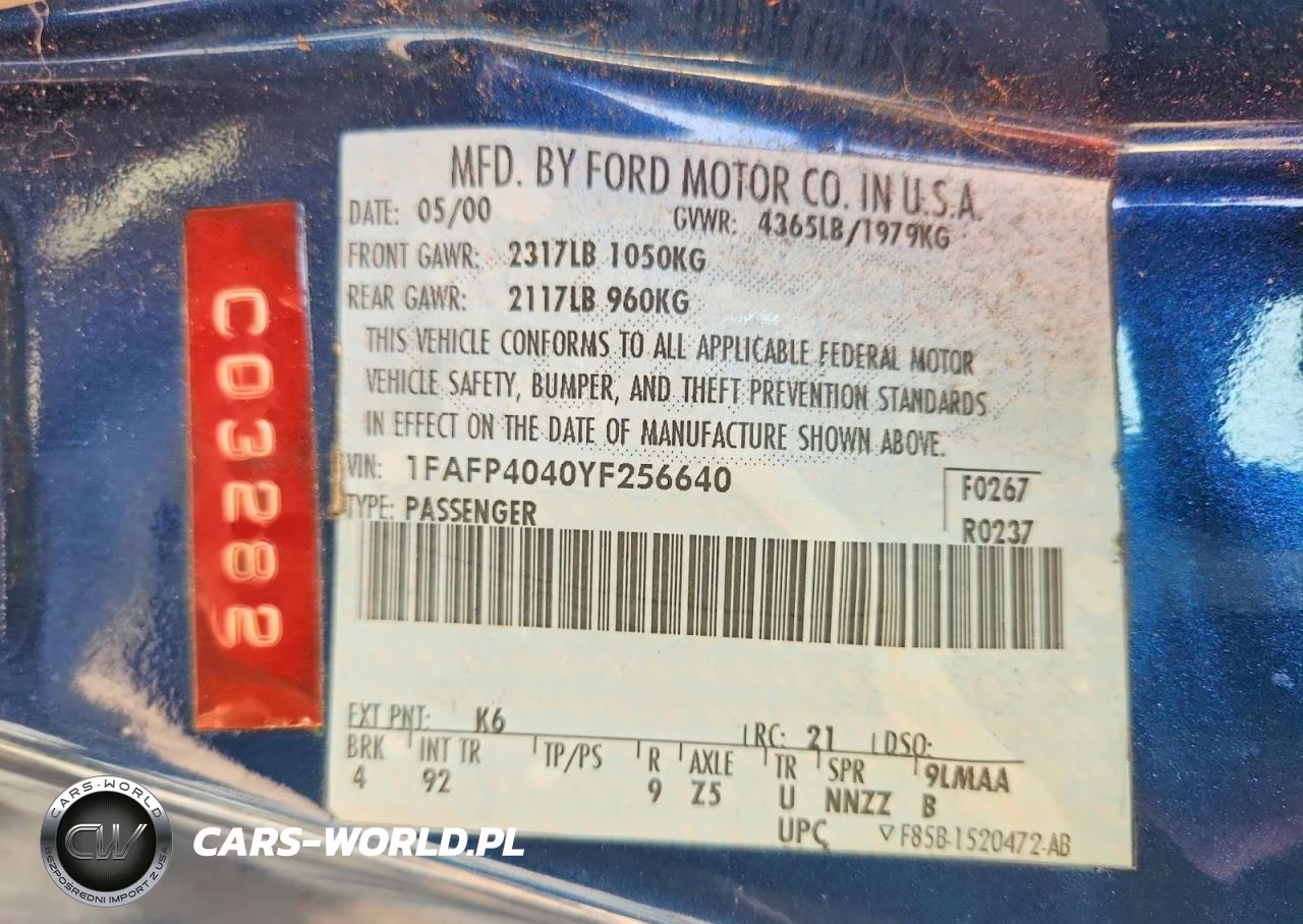 2000 Ford Mustang VIN:1FAFP4040YF256640 - 12