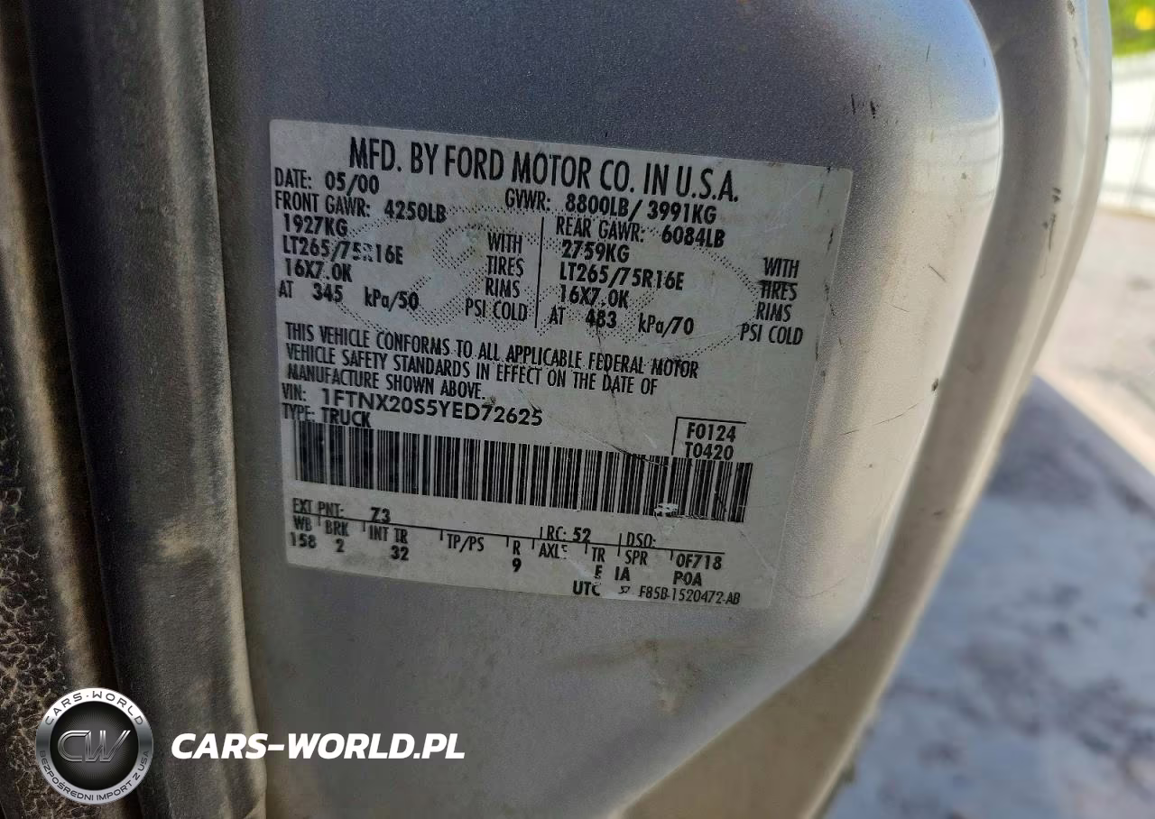 2000 Ford F250 Super Duty VIN:1FTNX20S5YED72625 - 12