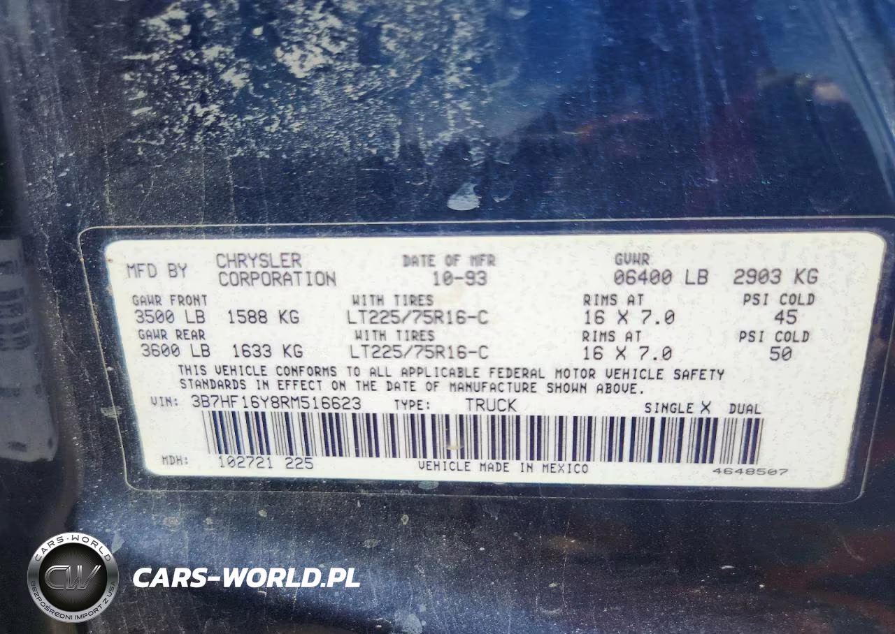 1994 Dodge Ram 1500 VIN:3B7HF16Y8RM516623 - 12