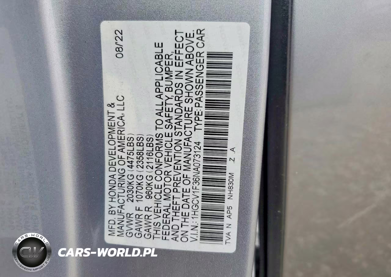 2022 Honda Accord Sport VIN:1HGCV1F36NA073124 - 12