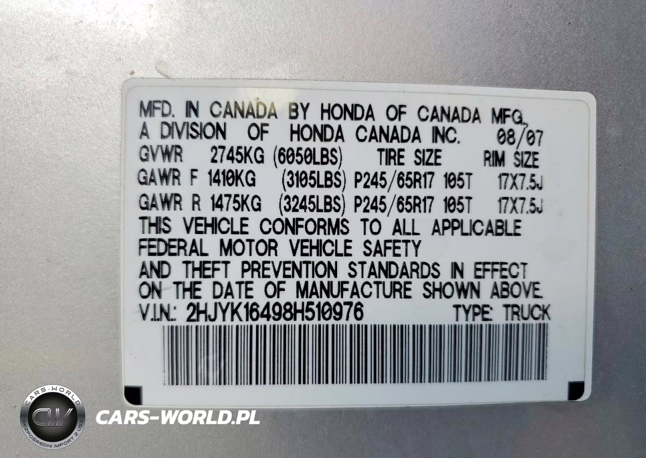 2008 Honda Ridgeline Rts VIN:2HJYK16498H510976 - 12