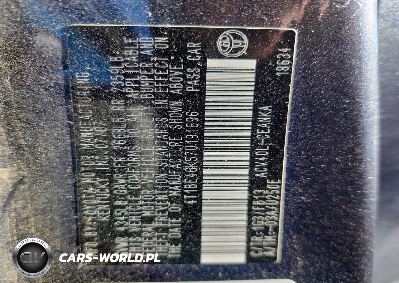 2007 Toyota Camry Le VIN:4T1BE46K57U191696 - 12
