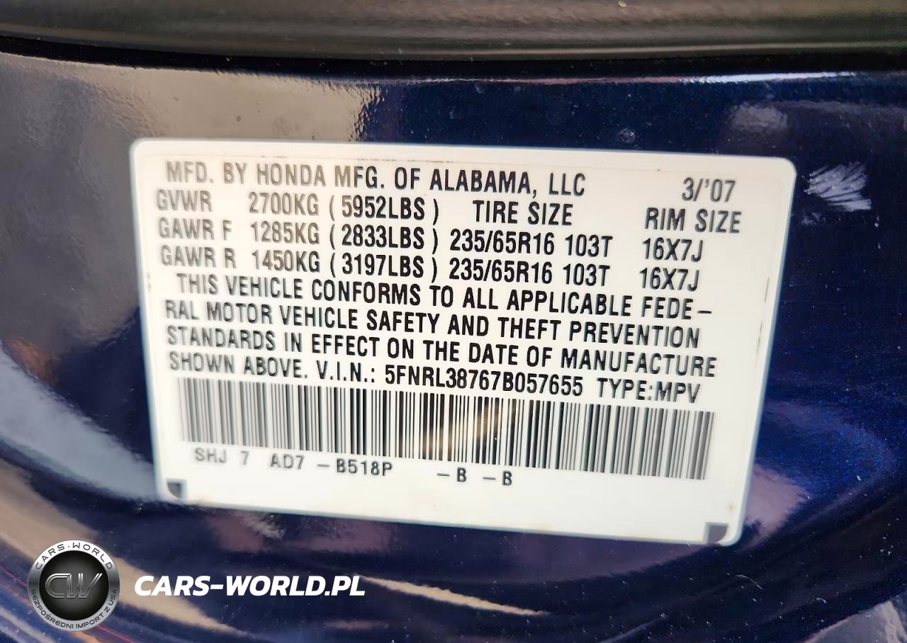2007 Honda Odyssey Exl VIN:5FNRL38767B057655 - 13