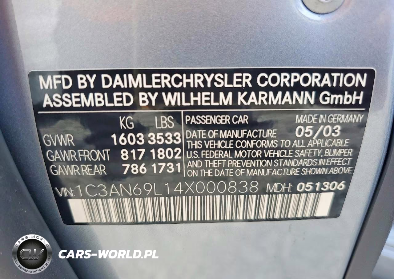 2004 Chrysler Crossfire Limited VIN:1C3AN69L14X000838 - 12