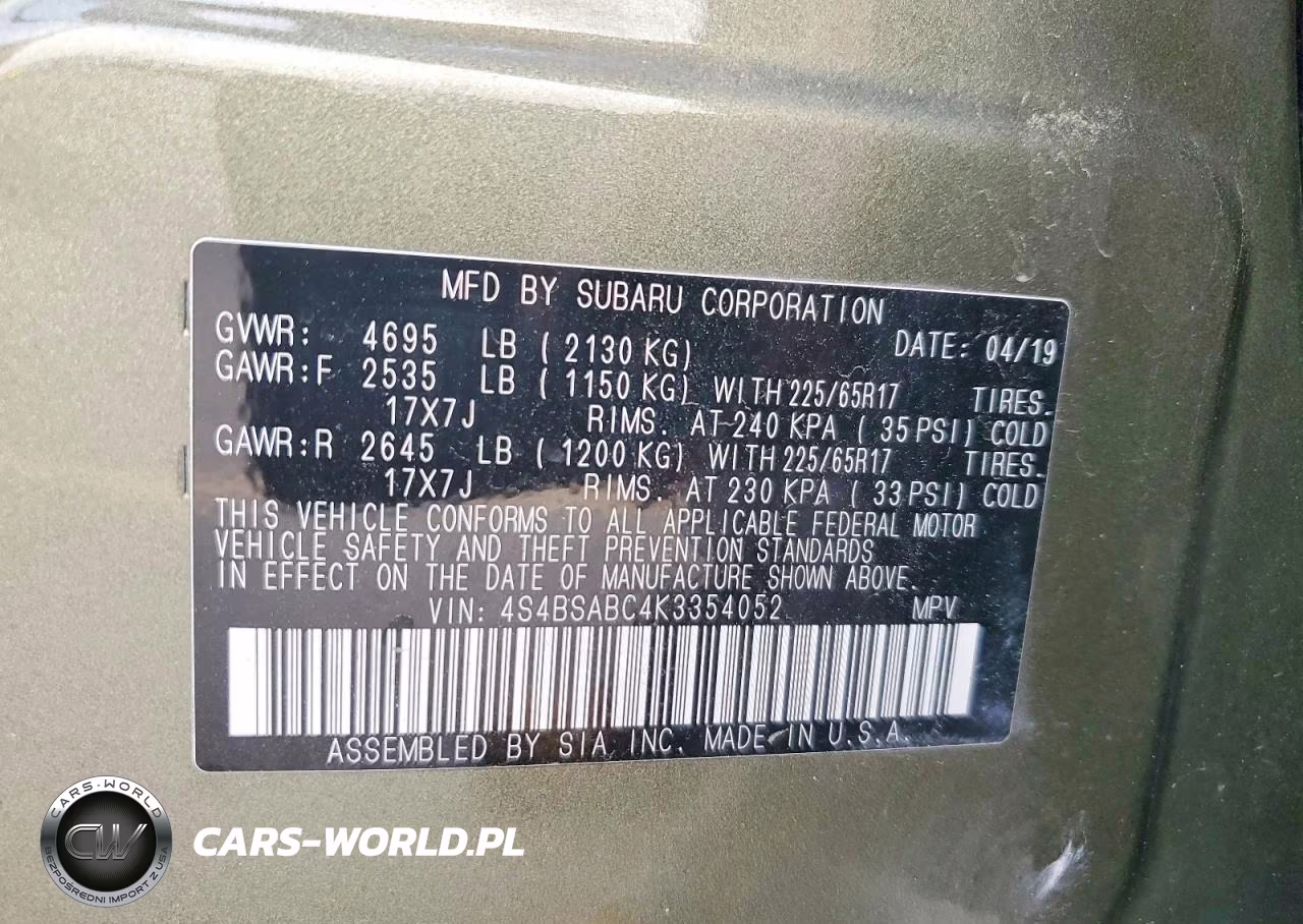 2019 Subaru Outback 2.5I VIN:4S4BSABC4K3354052 - 13