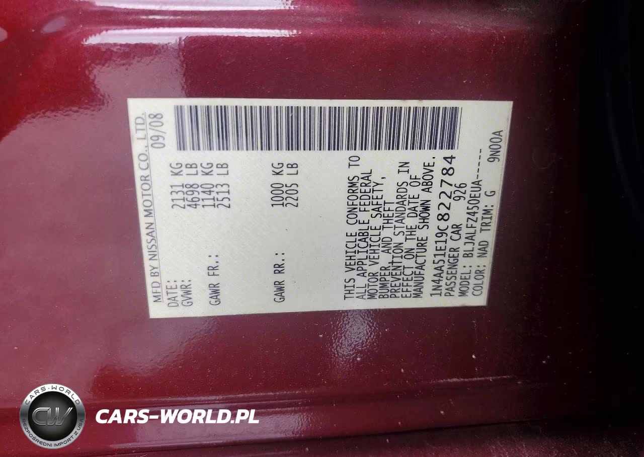 2009 Nissan Maxima 3.5 S VIN:1N4AA51E19C822784 - 12
