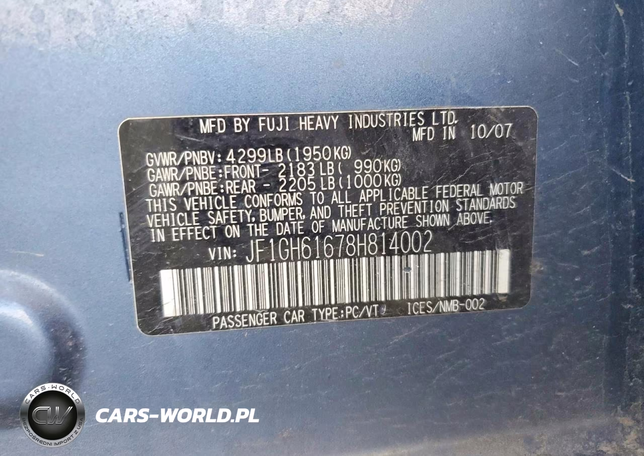 2008 Subaru Impreza 2.5I VIN:JF1GH61678H814002 - 12