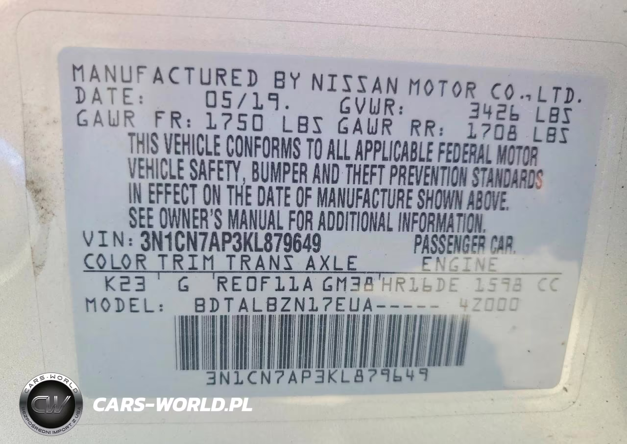 2019 Nissan Versa Sv VIN:3N1CN7AP3KL879649 - 12