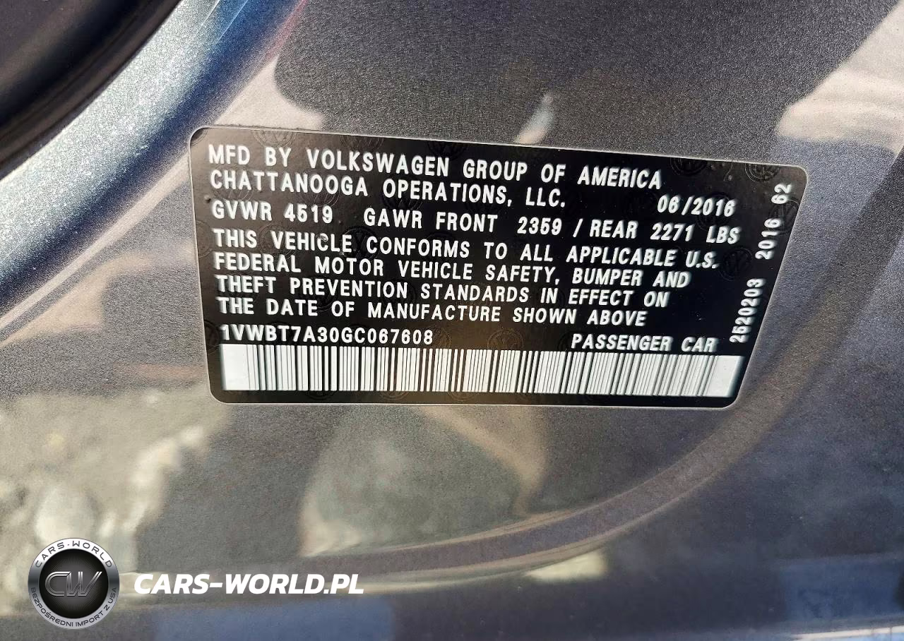 2016 Volkswagen Passat Se VIN:1VWBT7A30GC067608 - 12