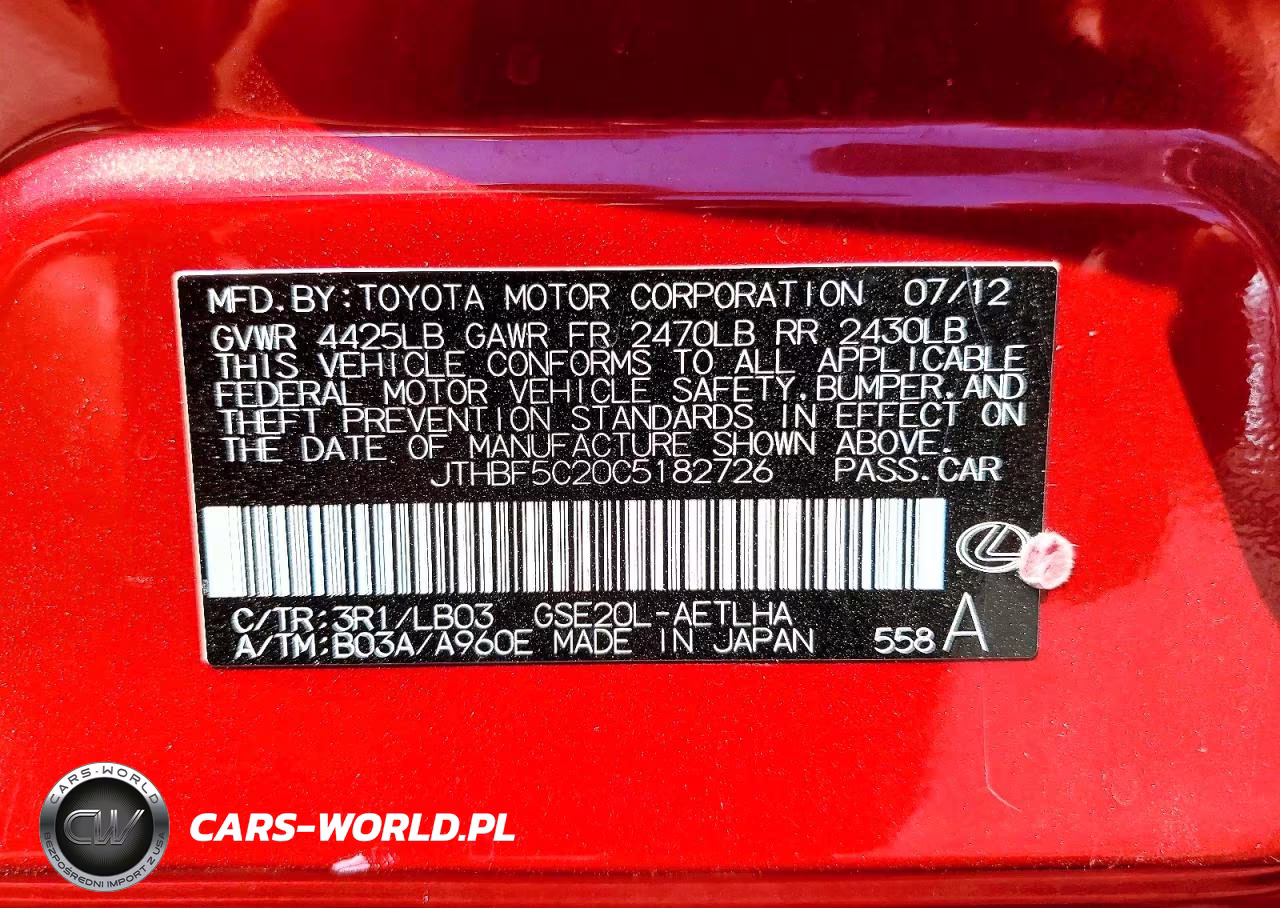 2012 Lexus Is 250 Base VIN:JTHBF5C20C5182726 - 12