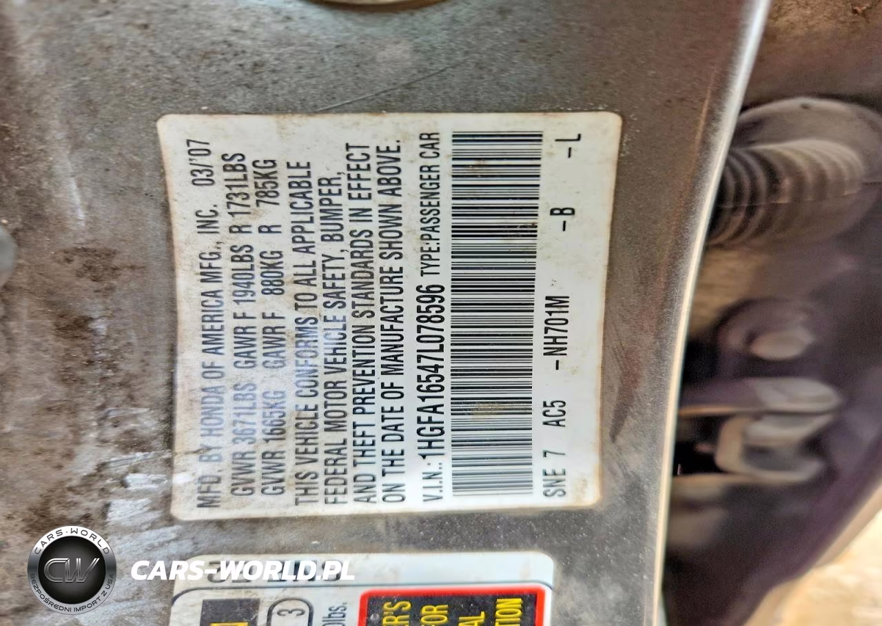 2007 Honda Civic Lx VIN:1HGFA16547L078596 - 13