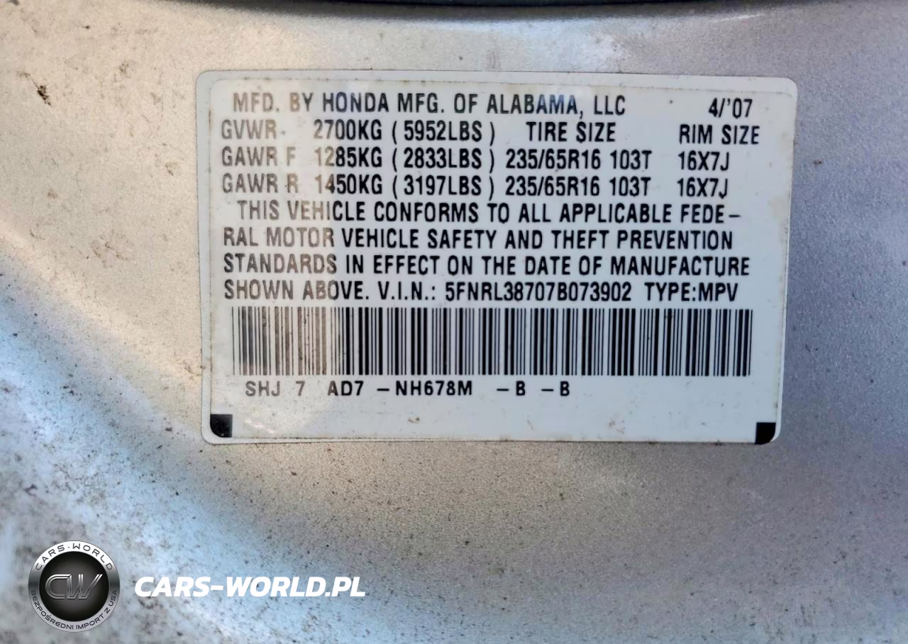 2007 Honda Odyssey Exl VIN:5FNRL38707B073902 - 13