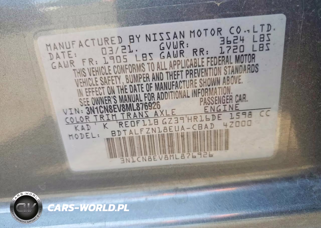 2021 Nissan Versa Sv Xtronic Cvt VIN:3N1CN8EV8ML876926 - 12