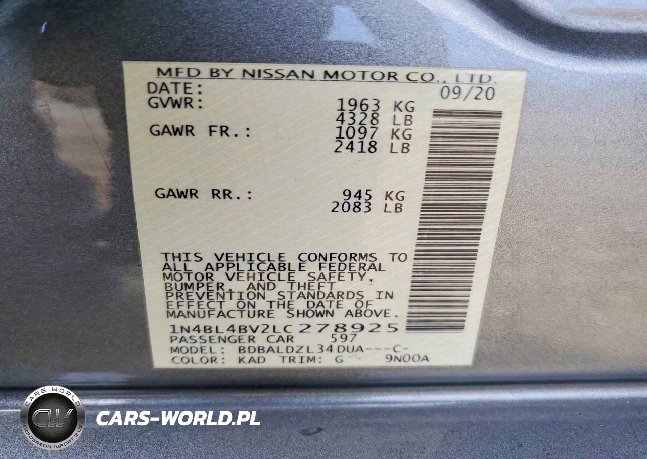2020 Nissan Altima S VIN:1N4BL4BV2LC278925 - 12