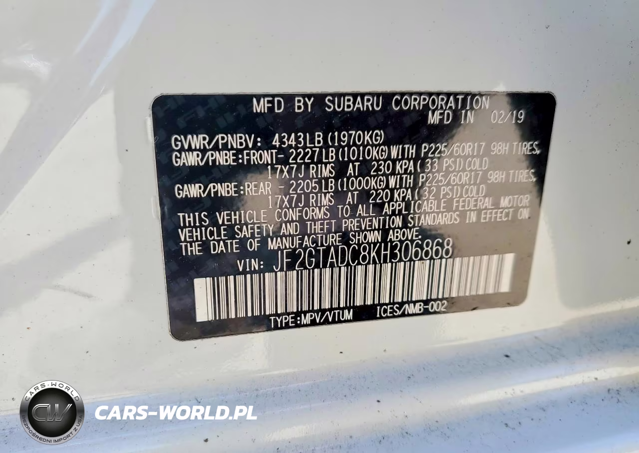 2019 SUBARU CROSSTREK 2.0I PREMIUM VIN:JF2GTADC8KH306868 - 14
