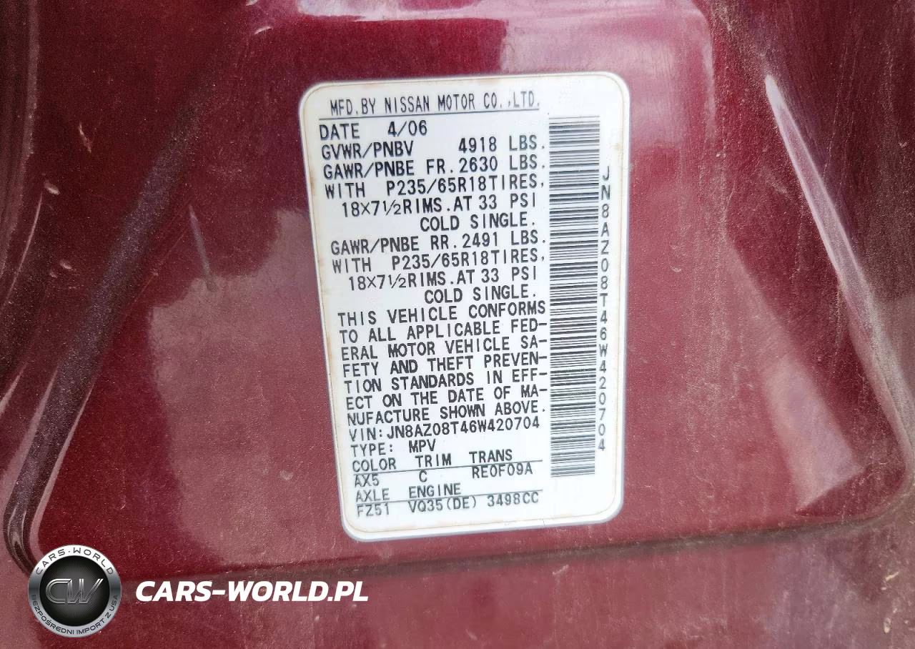 2006 Nissan Murano S VIN:JN8AZ08T46W420704 - 13
