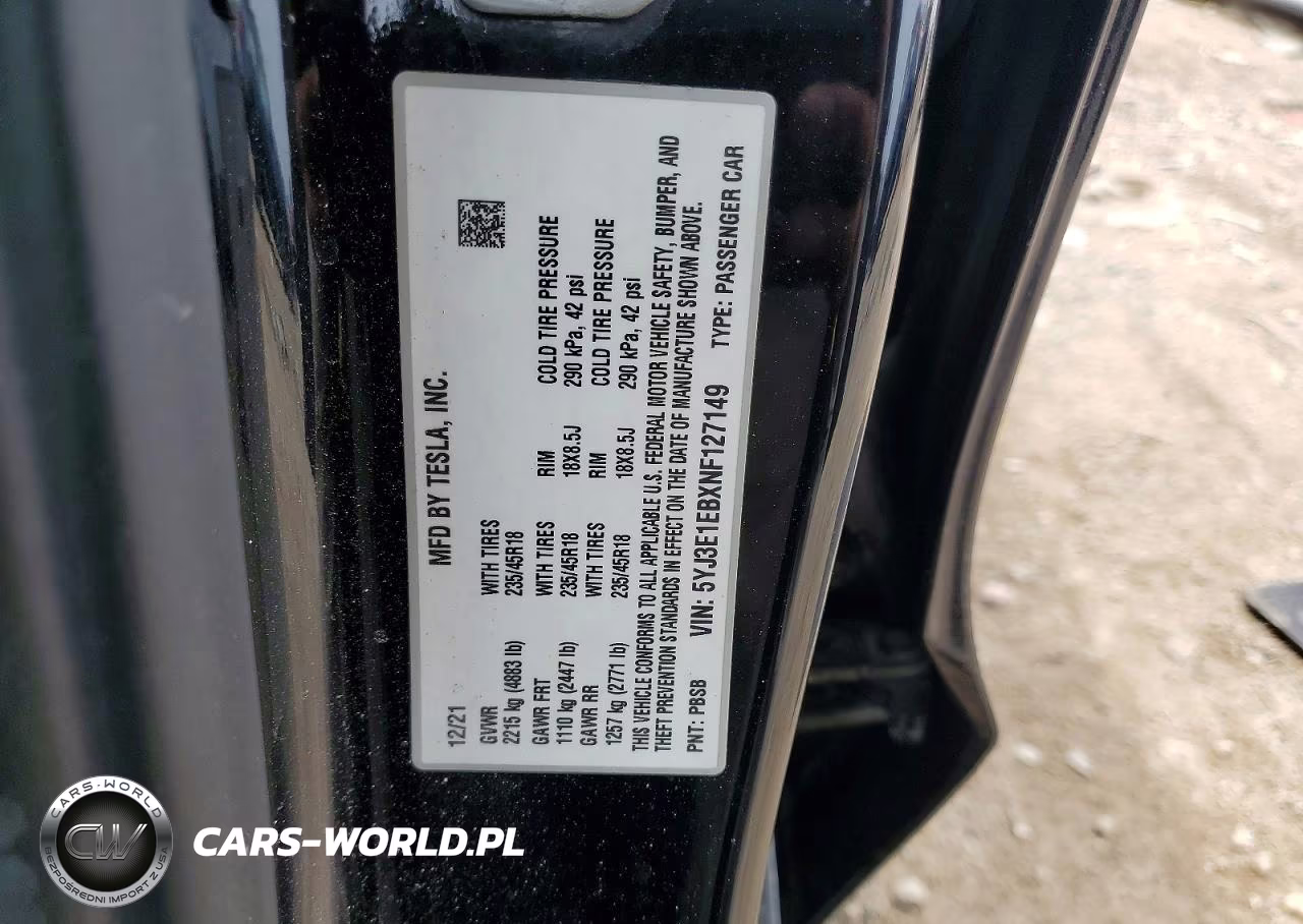 2022 Tesla Model 3 VIN:5YJ3E1EBXNF127149 - 12