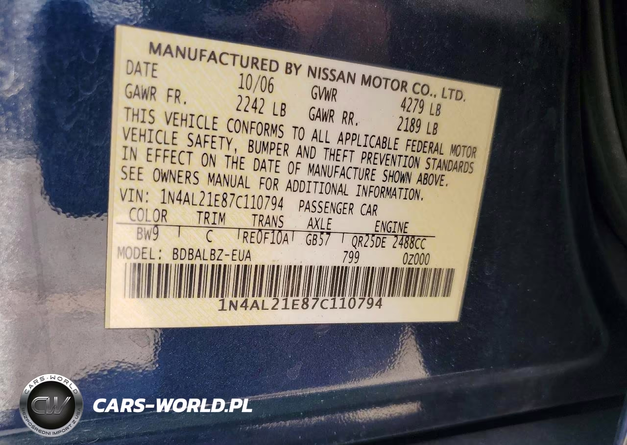 2007 Nissan Altima 2.5 VIN:1N4AL21E87C110794 - 13