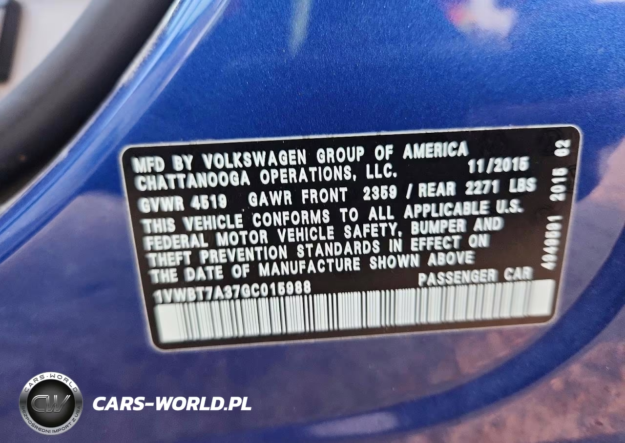 2016 Volkswagen Passat Se VIN:1VWBT7A37GC015988 - 13