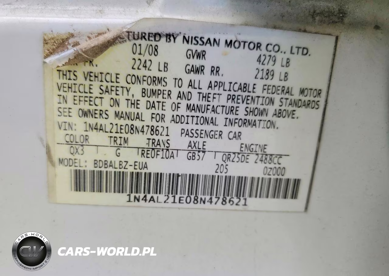 2008 Nissan Altima 2.5 VIN:1N4AL21E08N478621 - 12