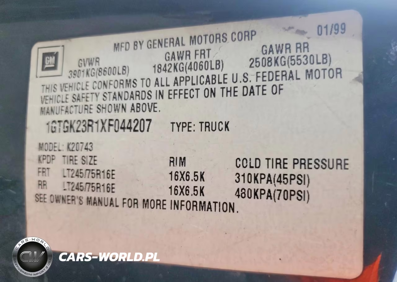 1999 GMC Sierra K2500 VIN:1GTGK23R1XF044207 - 12