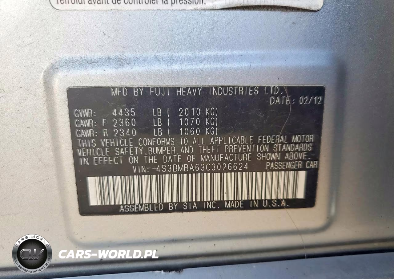 2012 Subaru Legacy 2.5I VIN:4S3BMBA63C3026624 - 12