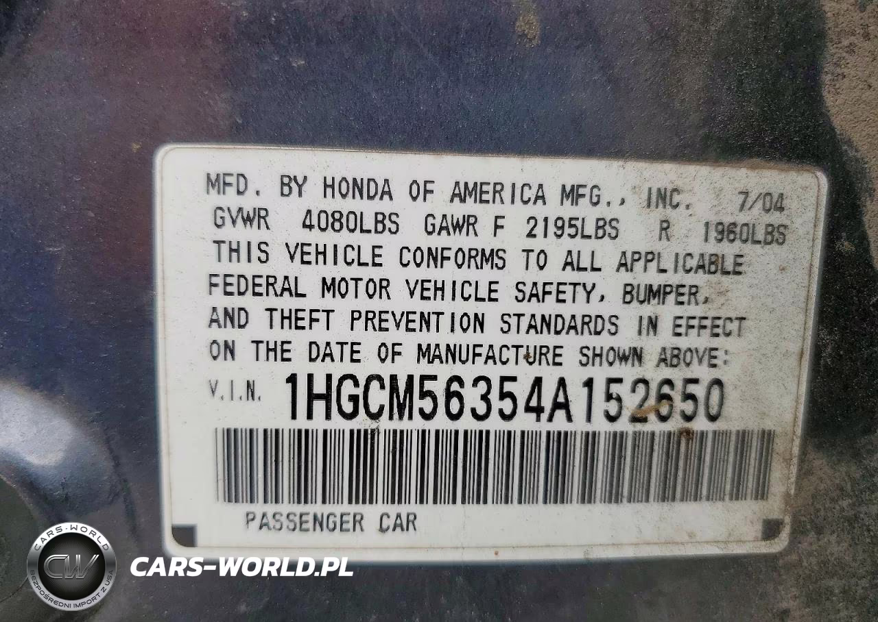 2004 Honda Accord Lx VIN:1HGCM56354A152650 - 12