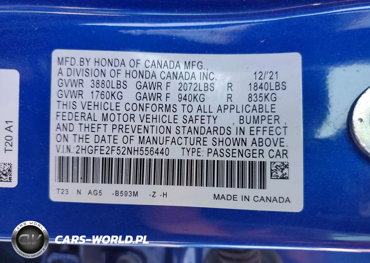 2022 Honda Civic Sport VIN:2HGFE2F52NH556440 - 12