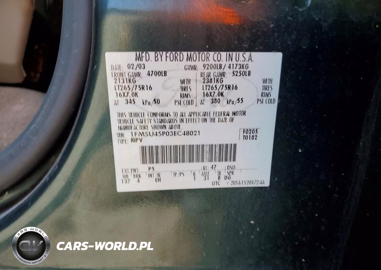 2003 Ford Excursion Eddie Bauer VIN:1FMSU45P03EC48021 - 13