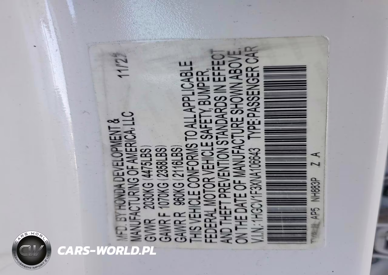 2022 Honda Accord Sport VIN:1HGCV1F3XNA106643 - 12
