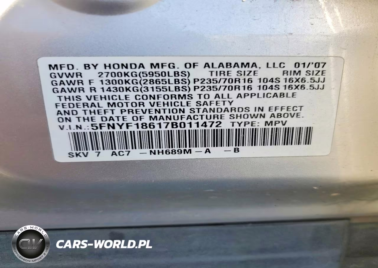 2007 Honda Pilot Exl VIN:5FNYF18617B011472 - 13