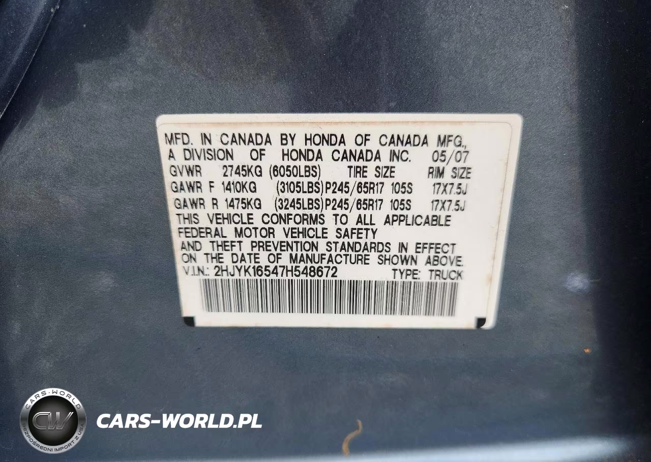 2007 Honda Ridgeline Rtl VIN:2HJYK16547H548672 - 12