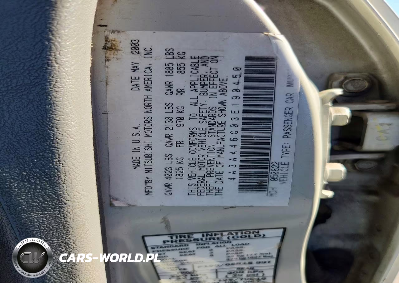 2003 Mitsubishi Galant Es VIN:4A3AA46G03E190450 - 12