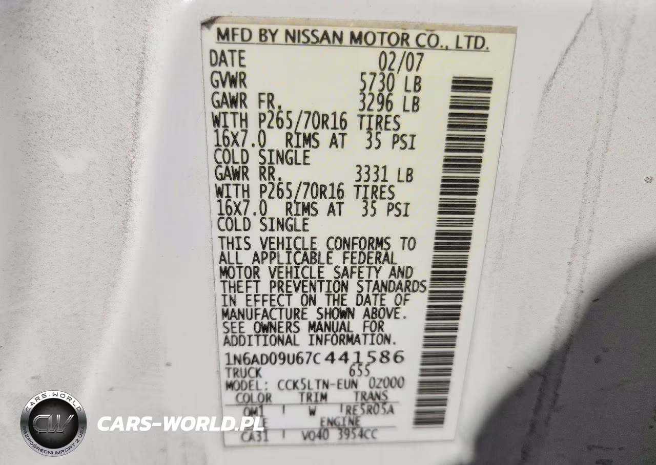 2007 Nissan Frontier Se VIN:1N6AD09U67C441586 - 12