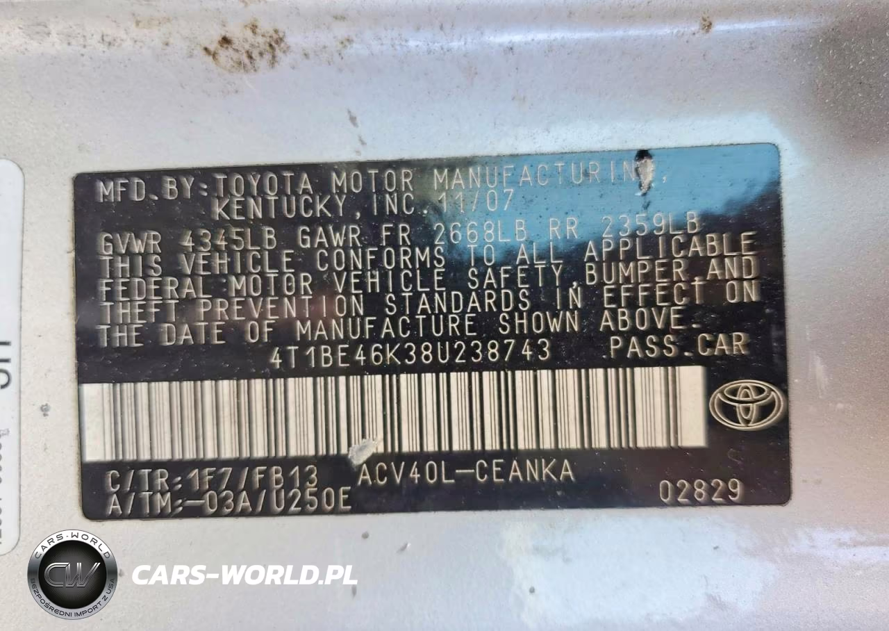 2008 Toyota Camry Base VIN:4T1BE46K38U238743 - 12