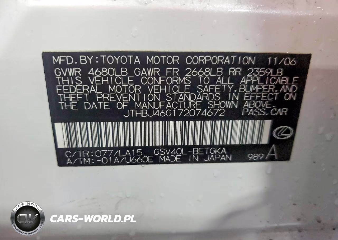 2007 Lexus Es 350 VIN:JTHBJ46G172074672 - 12