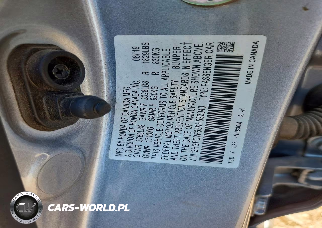 2019 Honda Civic Lx VIN:2HGFC2F69KH592040 - 12