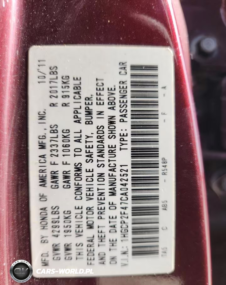 2012 Honda Accord Lxp VIN:1HGCP2F47CA042521 - 12