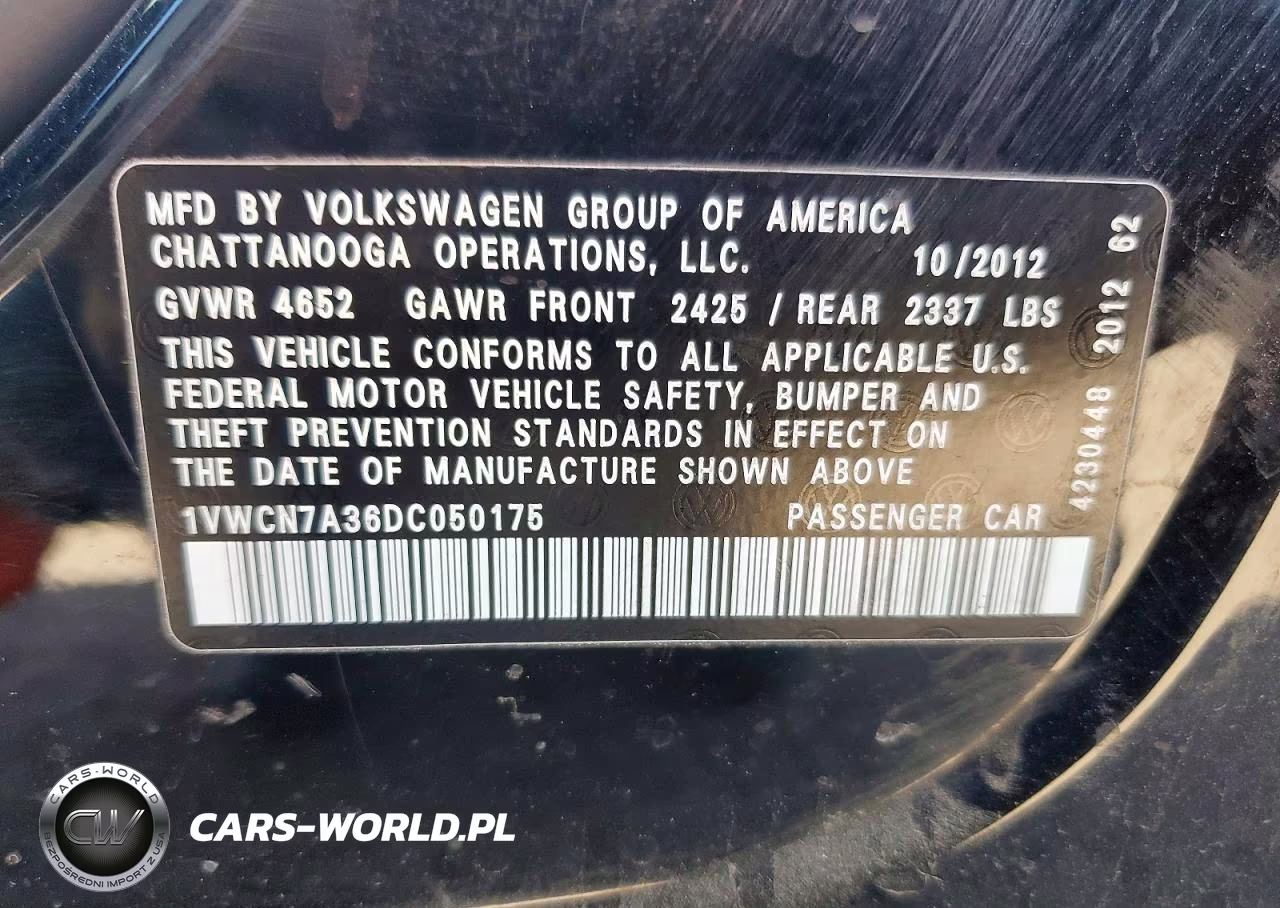 2013 Volkswagen Passat Sel VIN:1VWCN7A36DC050175 - 12