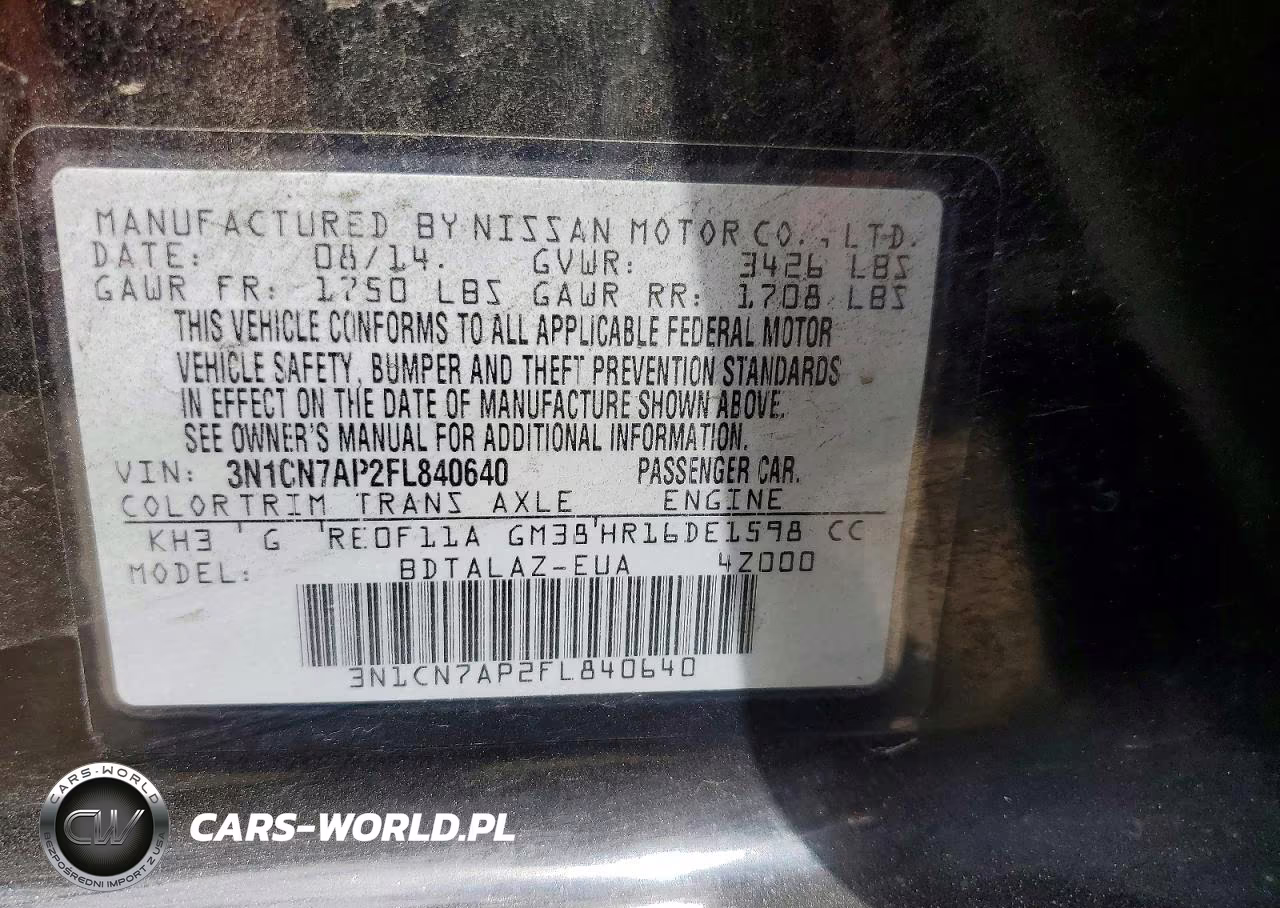 2015 Nissan Versa 1.6 S Plus VIN:3N1CN7AP2FL840640 - 12
