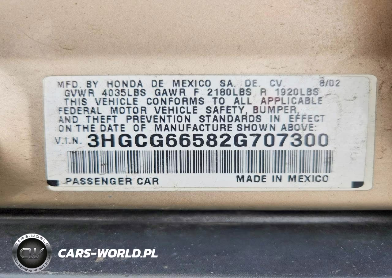 2002 Honda Accord Lx VIN:3HGCG66582G707300 - 13