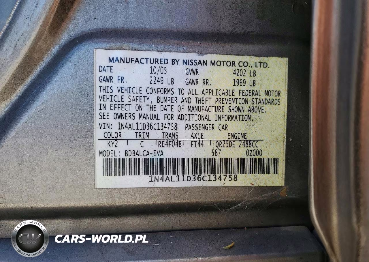 2006 Nissan Altima 2.5 VIN:1N4AL11D36C134758 - 12