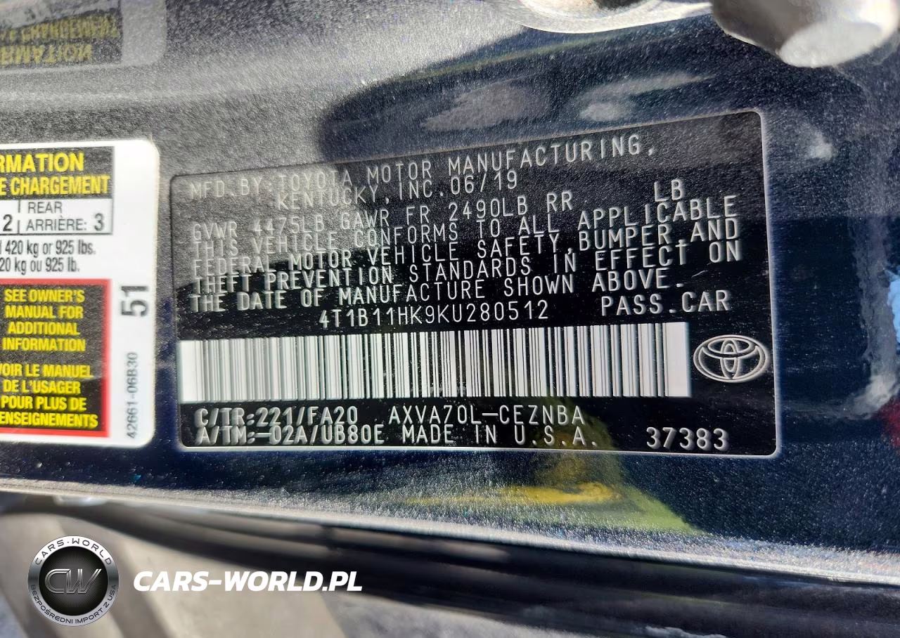 2019 Toyota Camry Le VIN:4T1B11HK9KU280512 - 12