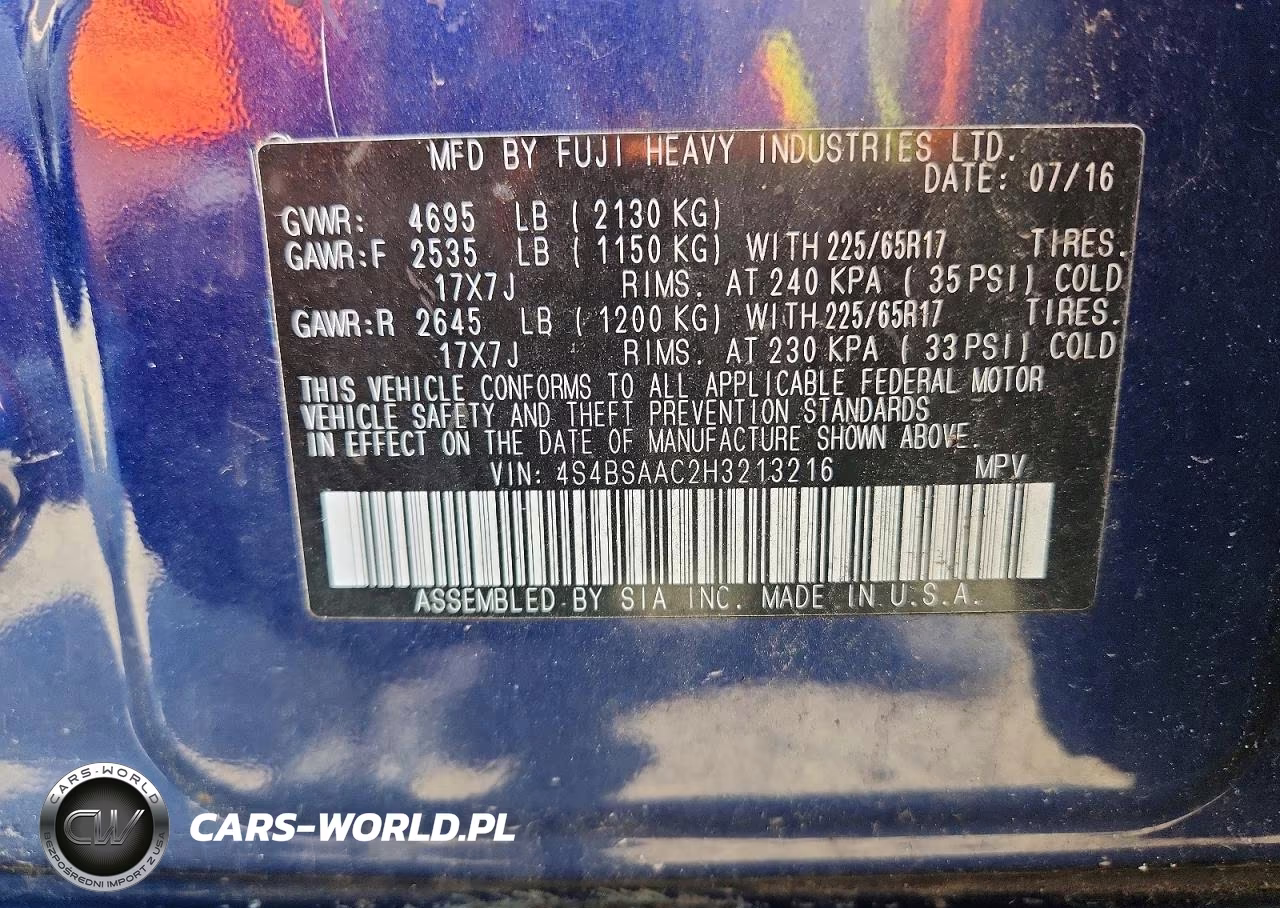2017 Subaru Outback 2.5I VIN:4S4BSAAC2H3213216 - 13