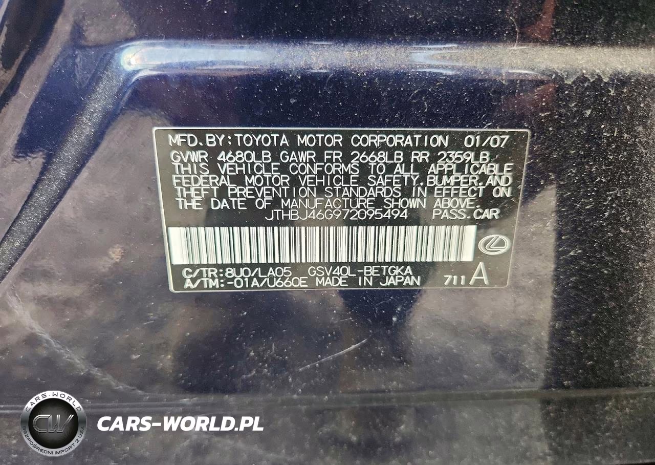 2007 Lexus Es 350 VIN:JTHBJ46G972095494 - 12
