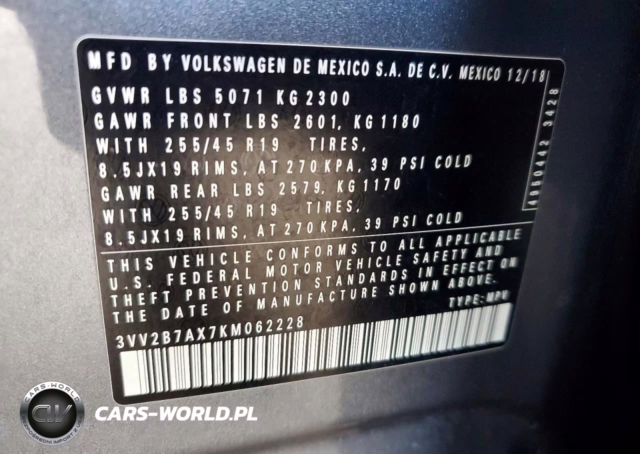 2019 Volkswagen Tiguan Se VIN:3VV2B7AX7KM062228 - 12